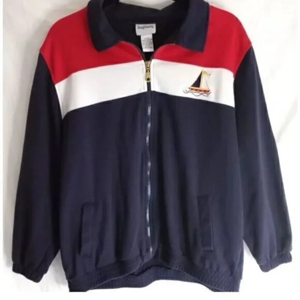 Vintage Bon Worth  Sailing Jacket Womens Lg Red Nautical Color Block Embroidered
